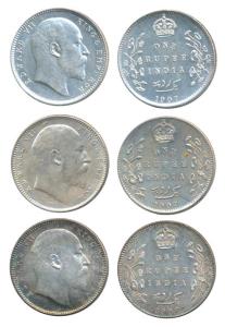 Edward VII, Silver Rupee (3), 1907, Calcutta Mint, (Prid 193); Bombay Mint, B incuse with 