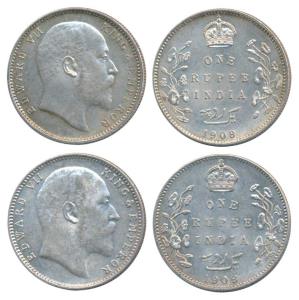 Edward VII, Silver Rupee (2), 1908, Calcutta Mint, (Prid 194); Bombay Mint, B incuse with 
