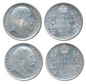Edward VII, Silver Rupee (2), 1909, Calcutta Mint, (Prid 195); Bombay Mint, very faint B i