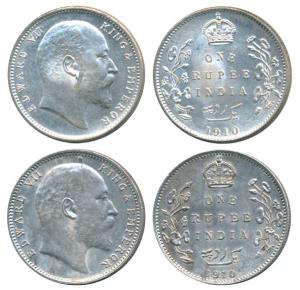 Edward VII, Silver Rupee (2), 1910, Calcutta Mint, (Prid 196); Bombay Mint, B incuse with 