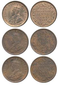 George V, Bronze ¼ Anna (3), 1911, Calcutta Mint, (Prid 656); 1912, Calcutta Mint, (Prid 6