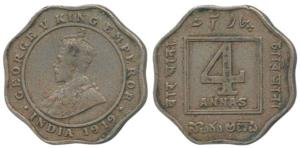 George V, Cupro-Nickel, 4 Annas, 1919, Calcutta Mint, (Prid 874). Very Fine+.