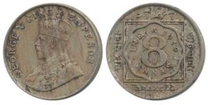 George V, Cupro-Nickel, 8 Annas, 1919, Calcutta Mint, (Prid 870). Very Fine+.