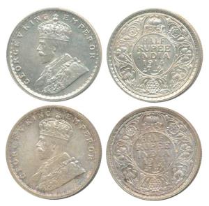 George V, Silver ½ Rupee (2), 1914, Calcutta and Bombay Mint, (Prid 321 & 338). About Unci