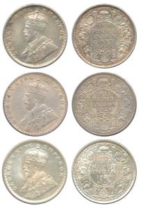 George V, Silver ½ Rupee (3), 1927, Calcutta Mint; 1928, Bombay Mint; 1929, Calcutta Mint,