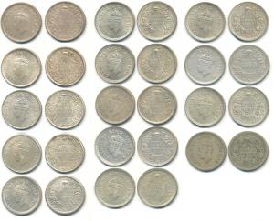 George VI, 14 different types, Silver and Half Silver ¼ Rupee, 1939, Calcutta Mint, A / I 