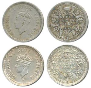 George VI, Half Silver ¼ Rupee (2), 1945, Bombay Mint, Large & Open 5, (Prid 470); Lahore 