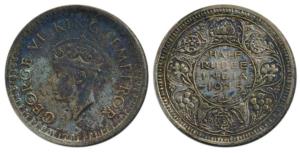 George VI, Half Silver ½ Rupee, 1945, Bombay Mint, D / Ia / dot, Large & Open 5 in Date, U