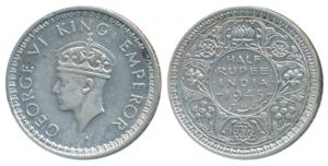 George VI, Half Silver ½ Rupee, 1945, Lahore Mint, B / Ia / L, Large & open 5 in date, Unl