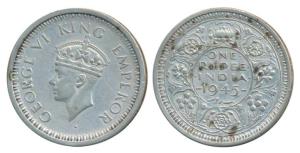 George VI, Half Silver Rupee, 1945, Bombay Mint, D / Ia / dot, Large & Open 5 in Date, Unl