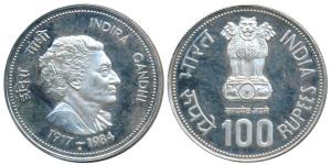 Proof Silver Rupees 100, 1985, Bombay Mint, Death of Indira Gandhi. Proof, Uncirculated, R