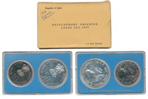 1975 Uncirculated Set, Equality Development and Peace, set of 2, Rupees 10 and 50. Some gr