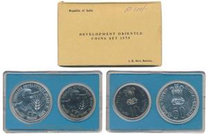 1975 Uncirculated Set, Equality Development and Peace, set of 2, Rupees 10 and 50. In near