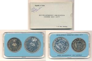1977 Uncirculated Set, Save for Development, set of 2, Rupees 10 and 50. Some graffiti on 