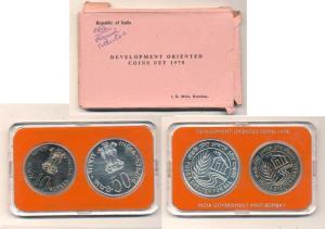 1978 Uncirculated Set, Food and Shelter For All, set of 2, Rupees 10 and 50. Some graffiti