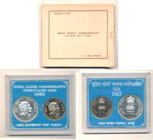 1985 Uncirculated Set, Death of Indira Gandhi, set of 2, Rupees 20 and 100. Within origina