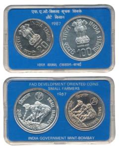 1987 Uncirculated Set, Small Farmers, set of 2, Rupees 20 and 100. A tear on outer box, wi