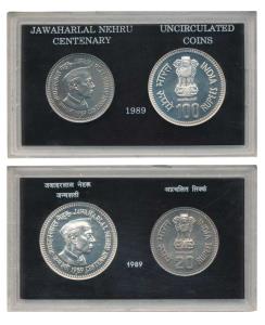 1989 Uncirculated, Jawaharlal Nehru Birth Centenary, set of 2, Rupees 20 and 100. In Super