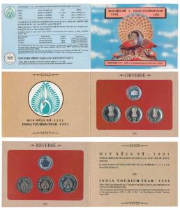 1991 Proof Set, India Tourism Year, set of 3, Rupee 1 to 5. In immaculate condition, withi