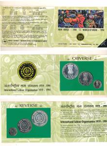 1994 Uncirculated Set, World of work, set of 3, Rupees 5 to 100. In immaculate condition, 