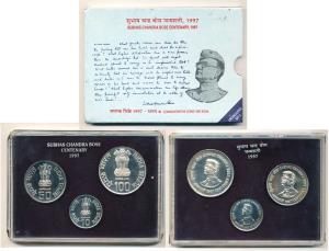 1997 Uncirculated Set, Subhash Chandra Bose Centenary, set of 3, Rupees 10 to 100. In imma