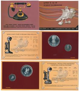 2004 Uncirculated Set, 150 Years of Telecommunications, set of 2, Rupees 2 and 100. Restri