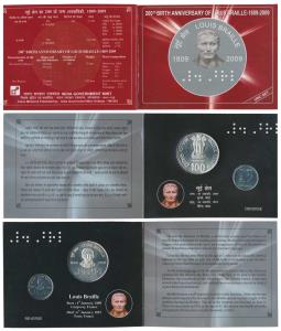 2009 Uncirculated Set, 200th Birth Anniversary of Louis Braille, set of 2, Rupees 2 and 10