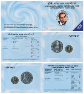 2009 Uncirculated set, Homi Bhabha Birth Centenary, set of Rupees 10 (bi-metal) and 100. I