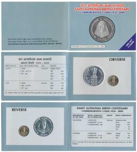 2009 Uncirculated set, Saint Alphonsa Birth Centenary, set of 2, Rupees 5 and 100. In imma