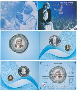 2010 Proof Set, Mother Teresa Birth Centenary, set of 2, Rupees 5 and 100. In immaculate c