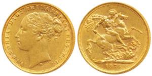Australia, Victoria, Gold Sovereign, 8g, 1875, young head, Melbourne Mint, St. George slay