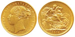 Australia, Victoria, Gold Sovereign, 8g, 1876, young head, Melbourne Mint, St. George slay