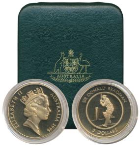 Australia, Sir Donald Bradman, Aluminum Bronze $5, issued in 1996. Proof in original box o