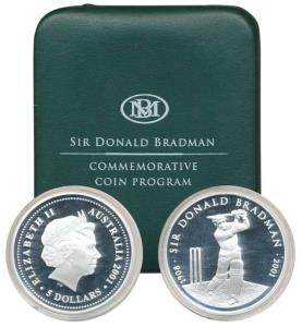Australia, Sir Donald Bradman, Silver $5, 36.3g, 2001 (KM 761). Proof, in original box of 