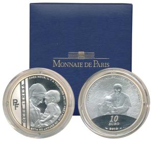 France, Mother Teresa, Silver 10 Euros, 2010, Mother Teresa holding a child on obv., with 