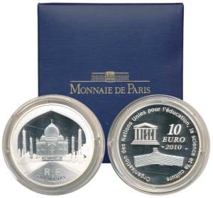 France, Silver 10 Euro, 22.2g, 2010, Taj Mahal on obv. Proof, in original box of issue.