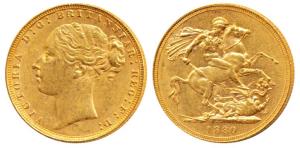 Great Britain, Victoria, Gold Sovereign, 8g, 1880, young head, Melbourne Mint, St. George 