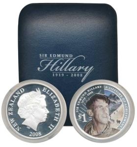 New Zealand, Silver Proof $ 1, 31.1g, Sir Edmund Hillary (1919-2008), a coloured coin with