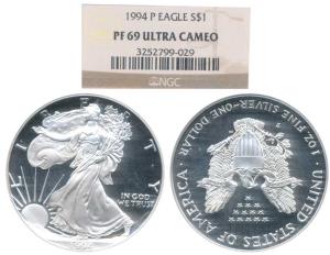 United States of America, Silver Dollar, 1994, Walking Liberty. Graded by NGC PF69 Ultra C