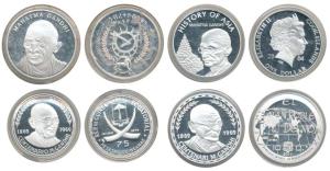 Mahatma Gandhi, Silver (4), Equatorial Guinea, 75 Pesetas, 1970; Cook Island, Dollar, 2004