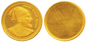 Shivaji Gold Token, 10 g, portrait of Shivaji Maharaj to right on obv with Nagari legend C