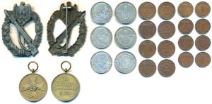 German Medals (2); Coins with Swastika Symbol, Silver 2 Mark 1937 (3); Copper 1 & 2 Pfenni