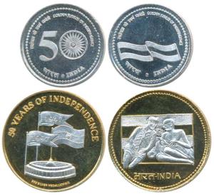 50 Years of Independence, Silver 25g, with Gold Gilt, Gandhiji and Nehruji sitting with th
