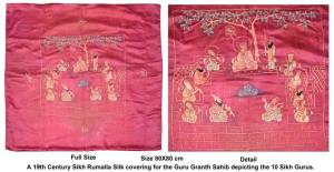 A 19th Century Sikh Rumalla Silk covering for the Guru Granth Sahib depicting the 10 Sikh 