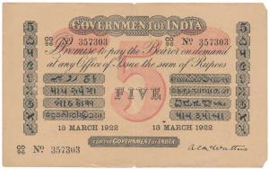 Government of India, Uniface, Rupees 5, red under print, signed A. C. McWatters, 13th Marc