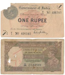 George V, Rupee 1, 1917, signed M. M. S. Gubbay; George VI, Rupees 5, 1938, J. B. Taylor (