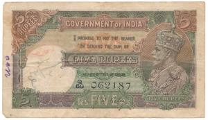George V, Rupees 5, 2nd issue, 1934, signed J. W. Kelly, (J&R 5.2). About Very Fine, Scarc