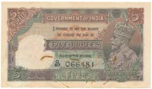 George V, Rupees 5, 2nd issue, 1934, signed J. W. Kelly, (J&R 5.2). Very Fine, Scarce.