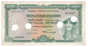 Indo-Portuguese, 600 Escudos, 7th issue, 1959, Banco Nacional Ultramarino, (J&R 12.39.6). 