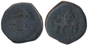 Kushanas, Huvishka, Copper Tetradrachm, 15.68g, obv. king seated cross legged on couch, mo